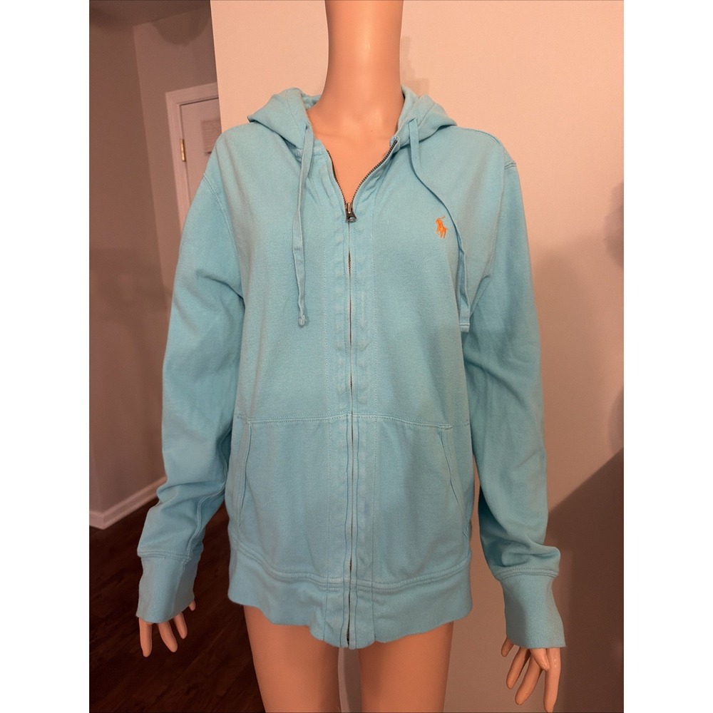 Polo By Ralph Lauren Y2K Hooded Womans Full Zip Pony Pockets L Light Blue Preppy